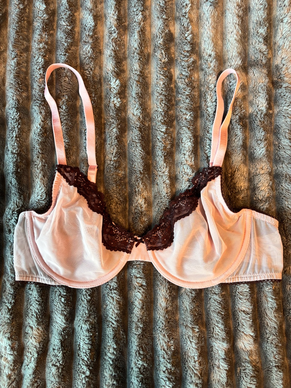 Victoria Secrete Tease Unlined Demi sheer Pink with purple Lace Trim 36C